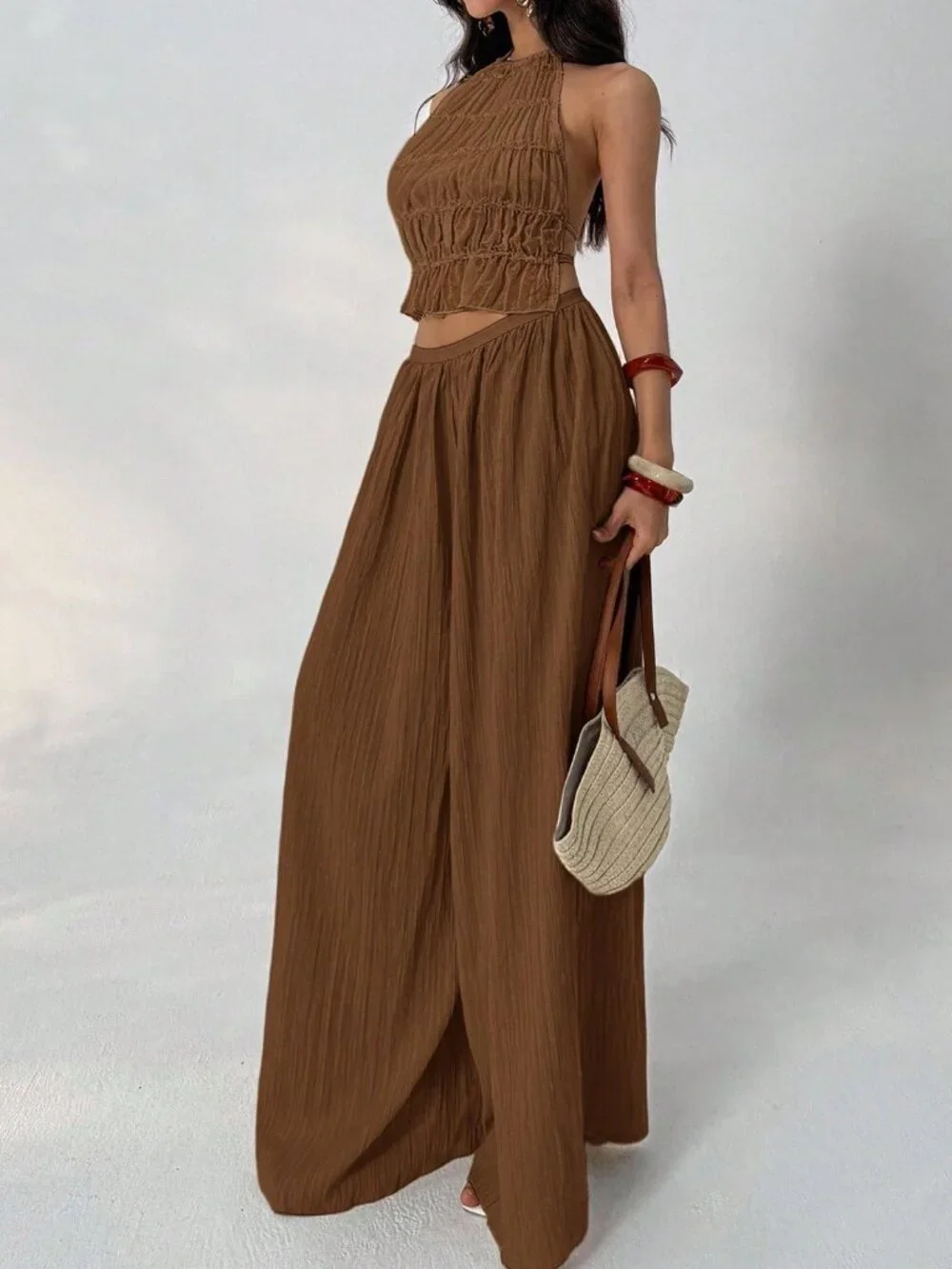 Brown Casual Women's Loose Textured Pants - Picture 4 of 7